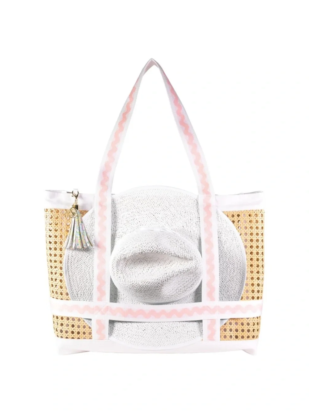New Lilly Pulitzer Natural Woven Large Travel Tote with Pink & White Trim - Picture 3 of 13